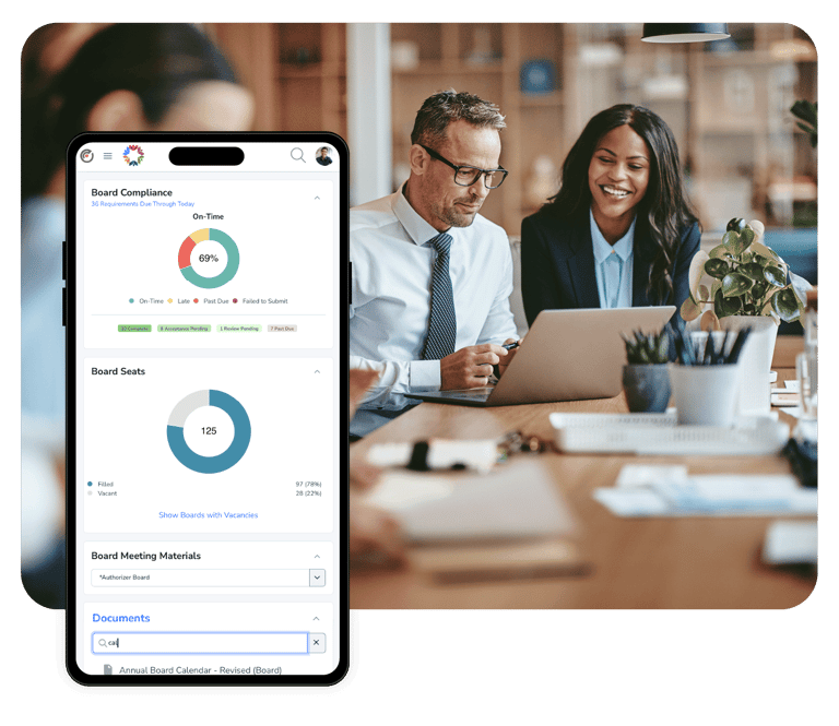 Board compliance, seats, and meeting materials on the Epicenter mobile app