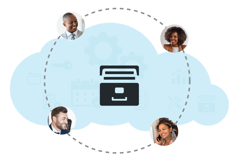 Shared document hub connecting team members around a central cloud archive