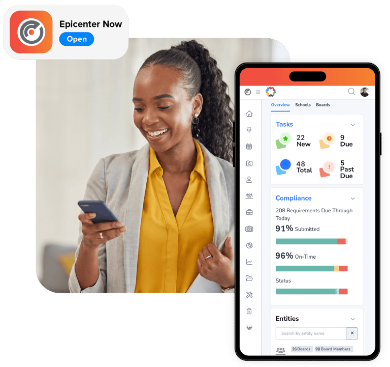 Epicenter Now mobile app showing tasks, compliance progress, and entity search