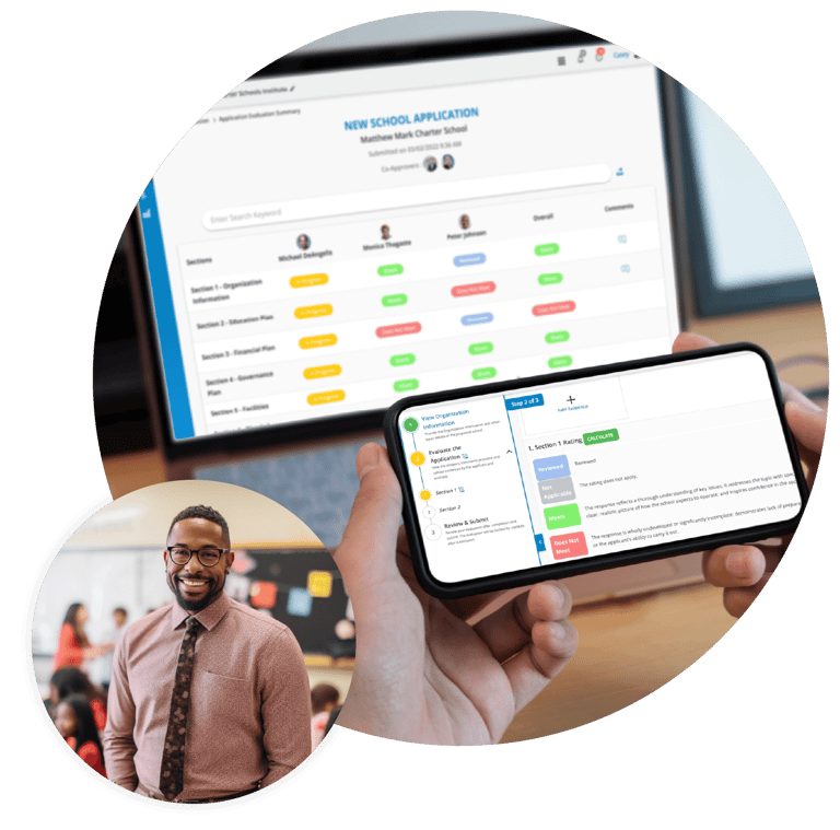 New school application evaluation on laptop and phone with portfolio review workflow